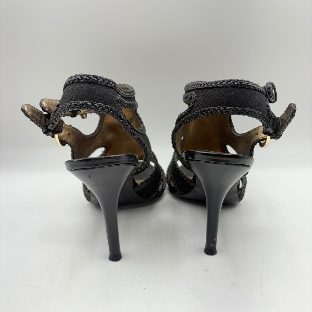 Tahari Lexie Black Canvas Braided Trim Heeled Sandals Size 8.5‎ M Gold Buckle - Picture 5 of 12